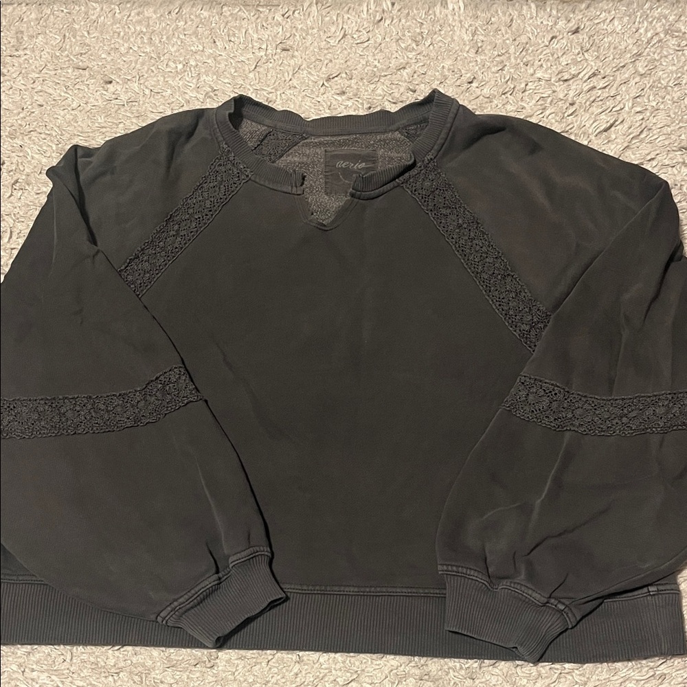 Aerie Black Crewneck Sweater with Lace Details